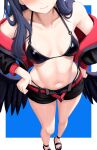  1girl bikini bikini_under_shorts black_bikini black_hair black_jacket black_shorts black_wings blue_archive breasts close-up feathered_wings halo head_out_of_frame highres ichika_(blue_archive) ichika_(swimsuit)_(blue_archive) jacket long_hair low_wings navel o-ring o-ring_bikini o-ring_top official_alternate_costume open_clothes open_shorts red_halo shorts small_breasts smile solo stomach swimsuit wings yan_kodiac 