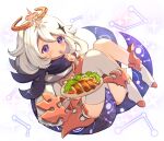  1girl bangs blush boots commentary_request dress eyebrows_behind_hair food fork full_body genshin_impact halo highres holding holding_fork holding_plate knees_up marekamico paimon_(genshin_impact) plate purple_eyes single_thighhigh solo sparkle thighhighs thighhighs_under_boots tomato tomato_slice white_dress white_footwear white_hair white_legwear 