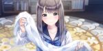  1girl blue_bow blue_bowtie blue_eyes blue_reflection_(series) blue_reflection_sun blue_sailor_collar book bookshelf bow bowtie closed_mouth collarbone game_cg grey_hair highres holding holding_towel kasuga_shiho kishida_mel long_hair long_sleeves looking_at_viewer non-web_source official_art rug sailor_collar school_uniform serafuku smile solo straight-on straight_hair towel upper_body wooden_floor 