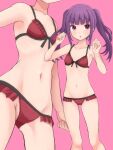  1girl :o alice_gear_aegis ass_visible_through_thighs bangs bare_arms bare_shoulders bikini blush breasts collarbone eyebrows_visible_through_hair frilled_bikini frills groin hands_up highres ichijou_ayaka konpotsu long_hair looking_at_viewer multiple_views navel parted_lips pink_background purple_eyes purple_hair red_bikini sidelocks small_breasts swimsuit twintails 