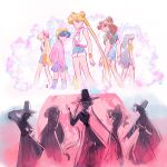  5girls aino_minako applepiewinry arm_behind_head arms_behind_head beret bishoujo_senshi_sailor_moon black_hat black_sclera blue_shirt blue_shorts blue_skirt bow breasts closed_mouth colored_sclera crop_top demon_girl double_bun dual_persona earrings feet_out_of_frame glowing glowing_eyes green_shirt hair_bow hair_bun hand_on_own_hip hat highres hino_rei jewelry kino_makoto kpop_demon_hunters light_blush long_hair looking_at_viewer medium_breasts mizuno_ami multiple_girls open_mouth orange_arm_warmers parted_bangs pink_shirt pink_sweater pleated_skirt ponytail red_bow shirt short_hair shorts sidelocks skirt sleeveless sleeveless_shirt smile sweater tsukino_usagi twintails very_long_hair vest white_vest wristband yellow_shirt 