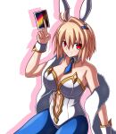  1girl absurdres ahoge alternate_breast_size animal_ears arcueid_brunestud blonde_hair blue_pantyhose blush breasts card cleavage fake_animal_ears gold_trim highres holding holding_card huge_breasts large_breasts looking_at_viewer necktie pantyhose playboy_bunny red_eyes short_hair smile tsukihime tsukihime_(remake) white_wrist_cuffs wrist_cuffs zeon132 