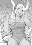  1girl animal_ears boku_no_hero_academia breasts bunny_ears carrot dark_skin dark_skinned_female eyelashes food greyscale half-closed_eye hand_on_hip heart highres holding holding_food holding_vegetable jewelry leotard long_hair mirko monochrome nail_polish necklace nstime23 pearl_necklace solo standing tongue tongue_out vegetable 
