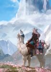  1girl absurdres animal_ears artist_name blue_skirt boots brown_boots brown_shirt english_commentary final_fantasy final_fantasy_xiv flower from_behind grey_hair highres holding holding_reins landscape llama long_hair long_sleeves molli_hu mountain mountainous_horizon original petals pleated_skirt purple_hair reins riding riding_animal scarf scenery shirt skirt solo 