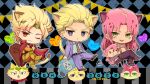  3boys animal_ears argyle_background blonde_hair cape cat_ears cat_tail chibi chibi_only coffin crossed_legs diamond_wa_kudakenai diavolo dio_brando eyelashes fang green_eyes heart jacket jojo_no_kimyou_na_bouken kemonomimi_mode kira_yoshikage morino_peko multiple_boys navel one_eye_closed open_mouth orange_eyes pants pink_hair purple_jacket purple_pants red_cape sheer_heart_attack stardust_crusaders tail vento_aureo vinegar_doppio 