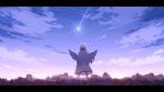  1girl absurdres blue_archive gradient_sky halo highres meteor mine_(blue_archive) night night_sky remedial_knights_(blue_archive) ruins sky star_(sky) starry_sky wings yuma_(lyq_yume) 