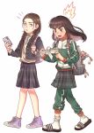  2girls animal_charm backpack bag black_hair black_jacket blunt_bangs blunt_ends blush braid charm_(object) collared_shirt eraser furrowed_brow genderswap genderswap_(mtf) green_jacket green_pants green_track_suit grey_eyes grey_skirt highres holding holding_phone hyuuga_neji jacket kunai long_hair looking_at_another multiple_girls naruto_(series) necktie open_bag open_mouth pants parted_lips pencil phone plaid_clothes plaid_skirt purple_necktie purple_shoes rock_lee sandals school_uniform shirt shoes skirt sneakers socks studying sweater_vest thick_eyebrows track_jacket track_pants track_suit trano_613 twin_braids weapon white_background white_shirt white_socks yellow_sweater_vest 