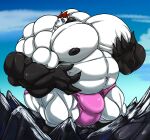  2020 absurd_res alternate_species anthro avian beak belly big_belly big_bulge big_muscles big_pecs black_nipples blue_eyes bulge clothed clothing cloud day fierglief hand_on_chest hand_on_stomach hi_res huge_bulge huge_muscles huge_pecs hyper hyper_bulge hyper_muscles hyper_pecs looking_at_viewer macro male mountain musclegut muscular muscular_anthro muscular_male nipples pecs sky solo tetsuchi_konawa underwear underwear_only 
