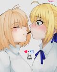  2girls absurdres ahoge arcueid_brunestud artoria_pendragon_(fate) blonde_hair blush breasts closed_eyes crossover fate/stay_night fate_(series) flustered food food_in_mouth green_eyes hair_ribbon highres huge_breasts incoming_pocky_kiss looking_at_another multiple_girls pocky pocky_in_mouth profile ribbon saber_(fate) shirt short_hair smile sugoiiii sweat sweater tsukihime turtleneck turtleneck_sweater white_shirt yuri 