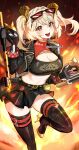  1girl :d absurdres black_gloves black_jacket black_skirt black_thighhighs blonde_hair breasts burnice_white cleavage crop_top eyewear_on_head fingerless_gloves fire flamethrower foot_out_of_frame gloves hair_ornament hashtag-only_commentary high_heels highres holding holding_flamethrower holding_weapon jacket looking_at_viewer midriff navel open_mouth orange_eyes red-tinted_eyewear shoes skirt smile solo spiked_belt sunglasses thighhighs tinted_eyewear twintails twitter_username watasi_tokimi weapon yellow_shoes zenless_zone_zero 