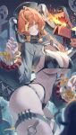 1girl absurdres ammunition antenna_hair bikini black_bikini black_hat blush breasts cleavage closed_mouth commentary_request cowboy_shot film_grain fingernails frilled_sleeves frills from_side grey_shrug hair_between_eyes hat highres korean_commentary large_breasts long_bangs long_hair long_sleeves looking_at_viewer magus_(zenless_zone_zero) nail_polish navel netural open_mouth orange_pupils orphie_magnusson shrug_(clothing) solo standing stomach string_bikini sweat swimsuit thigh_strap yellow_eyes yellow_nails zenless_zone_zero 