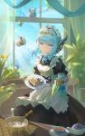  1girl alternate_costume android apron black_dress blue_eyes blue_hair blue_sky bowl chinese_commentary closed_mouth commentary_request cowboy_shot cream cup day dress flower frilled_apron frills genshin_impact highres holding holding_plate indoors ineffa_(genshin_impact) joints looking_at_viewer maid maid_apron maid_headdress manyu_chapaofan mechanical_arms mixing_bowl pastry_bag plant plate potted_plant puffy_short_sleeves puffy_sleeves robot_ears robot_girl robot_joints short_hair short_sleeves sidelocks sky smile solo standing table tea teacup teapot whisk white_apron window 