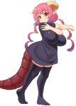  1girl black_dress black_shirt black_thighhighs breasts closed_mouth commentary cross-body_stretch curled_horns dragon_horns dragon_tail dress full_body gradient_hair highres horns huge_breasts ilulu_(maidragon) kobayashi-san_chi_no_maidragon large_breasts long_hair long_shirt looking_at_viewer multicolored_hair no_shoes oppai_loli pero_(pero7762) pink_hair pointy_ears purple_hair red_eyes shirt shortstack simple_background slit_pupils smile solo standing stretching tail tail_under_clothes thighhighs twintails white_background yellow_horns zettai_ryouiki 
