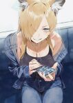  1girl alternate_costume animal_ear_fluff animal_ears black_choker black_tank_top blonde_hair blue_archive blue_eyes blue_halo blush breasts cellphone choker cleavage denim denim_jacket dog_ears dog_girl earphones fingernails grin hair_over_one_eye halo highres holding holding_phone implied_extra_ears jacket jeans kanna_(blue_archive) long_fingernails long_hair looking_at_viewer pants phone single_bare_shoulder sitting smartphone smile solo su-102 tank_top 