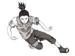  1boy bandaged_leg bandages black_hair breasts closed_mouth full_body furrowed_brow greyscale hair_tie looking_at_viewer male_focus medium_breasts monochrome nara_shikamaru naruto_(series) ponytail pouch sandals short_sleeves solo thigh_pouch trano_613 vest white_background 