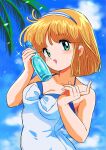  1girl aqua_eyes azuma_hideo blonde_hair bottle bow breasts cleavage cloud day hairband highres medium_breasts nanako_(nanako_sos) nanako_sos nka_46 open_mouth palm_tree ramune retro_artstyle short_hair sky solo sparkle tree upper_body 