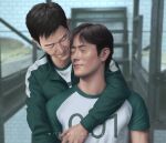  2boys arm_around_shoulder black_hair blurry blurry_background closed_eyes clothes_writing commentary english_commentary green_sleeves green_track_suit highres hug hug_from_behind hwang_in-ho looking_at_another male_focus multiple_boys realistic seong_gi-hun shirt short_hair smile squid_game striped_clothes track_suit two-tone_shirt upper_body white_shirt wildwerewolf yaoi 