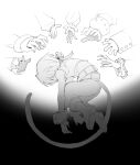  1girl 3girls 4boys adelbert_steiner amarant_coral bare_shoulders boots cat_tail claws cropped_vest dede_(qwea_00000) disembodied_hand final_fantasy final_fantasy_ix fingernails floating freya_crescent full_body garnet_til_alexandros_xvii gloves greyscale hair_ribbon long_sleeves low_ponytail male_focus monochrome multiple_boys multiple_girls outstretched_hand pants ponytail puffy_long_sleeves puffy_sleeves quina_quen ribbon sharp_fingernails shirt sketch sleeveless sleeveless_shirt tail vest vivi_ornitier wrist_cuffs zidane_tribal 
