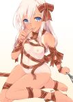  1girl alakoala artist_name bdsm blonde_hair blue_eyes blush bondage bound breasts finger_licking finger_to_mouth food food_on_face full_body hair_ribbon highres holding_whisk kantai_collection licking long_hair looking_at_viewer naked_ribbon navel nipples nude one-piece_tan red_ribbon ribbon ribbon_bondage ro-500_(kancolle) small_breasts smile solo tan tanline thumb tongue tongue_out valentine whisk 