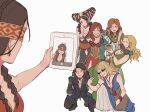  6+girls abi-kamikakushi black_hair blonde_hair brown_gloves brown_hair chalice closed_eyes covered_eyes cup fingerless_gloves gloves group_picture highres holding holding_cup holding_tablet_pc ipad jewelry keira_metz long_hair margarita_laux-antille middle_finger multiple_girls necklace on_one_knee philippa_eilhart purple_eyes sabrina_glevissig selfie sheala_de_tancarville simple_background sunglasses tablet_pc the_witcher_(series) triss_merigold v white_background yennefer_of_vengerberg 