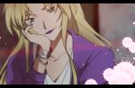  1girl bangs blonde_hair blue_eyes blurry blurry_background bracelet closed_mouth collarbone commentary_request hand_on_own_cheek hand_on_own_face head_rest head_tilt jacket jewelry kurosaki_kanae letterboxed lipstick long_hair long_sleeves looking_at_viewer makeup meitantei_conan paint_splatter purple_jacket purple_lips smile solo splatter upper_body vermouth_(meitantei_conan) 
