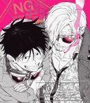  2boys cigarette commentary_request facial_hair friends hair_over_one_eye highres jacket jacket_on_shoulders male_focus monkey_d._luffy multiple_boys mustache_stubble one_piece pink_background qkdrkqkdrks2 sanji_(one_piece) scar smoking stubble sunglasses tinted_eyewear watermark 