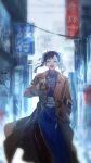  1girl brown_coat brown_hair building bun_cover china_dress chinese_clothes chun-li city cityscape cloud cloudy_sky coat detective double_bun dress grey_sky hair_bun highres holding open_mouth outdoors pantyhose pelvic_curtain police police_badge police_uniform policewoman power_lines rain raincoat road scenery sky smile solo street street_fighter thick_thighs thighs trench_coat water_drop wet wet_clothes wet_hair yumi_xsh 