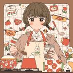  1girl apple apron blush_stickers border bowl braid brown_border brown_eyes brown_hair brown_sweater checkerboard_cookie closed_mouth cocoa_powder commentary cookie cooking_pot cup eeppa flower food fruit grid_background hair_bobbles hair_ornament highres holding holding_spoon ladle long_hair long_sleeves original outside_border red_flower red_tulip smile solo spoon sweater tulip twin_braids upper_body white_background white_flower wing_collar yellow_apron 