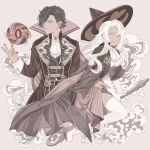  1boy 1girl alternate_costume ascot belt black_belt black_hair black_nails brooch brown_background brown_cape brown_capelet brown_coat brown_hat brown_skirt brown_vest cape capelet closed_mouth coat coffee_bean_print coffee_beans colored_eyelashes cookie_run cookie_run:_kingdom cropped_legs curtained_hair dark-skinned_female dark-skinned_male dark_skin espresso_cookie foot_out_of_frame gloves gold_trim grey_eyes hair_behind_ear hair_between_eyes hair_over_one_eye hand_up hat high-waist_skirt high_heels holding holding_spoon humanization jewelry korean_commentary lapels latte_cookie long_hair long_skirt long_sleeves looking_at_object looking_at_viewer looking_to_the_side magic mandarin_collar mystical_high_collar open_clothes open_coat oversized_object parted_lips pince-nez round_eyewear shirt shoes short_hair side-by-side side_slit skirt sleeve_cuffs slothm22 smile smoke spoon swept_bangs thighhighs unconventional_broom very_long_hair vest white_ascot white_gloves white_hair white_shirt white_shoes white_thighhighs witch_hat yellow_eyes 