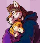 2021 anthro blue_clothing canid canine canis clothing eyes_closed female fox hi_res hoodie male mammal marjani purple_clothing simple_background smile topwear wolf ych_result 