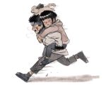  1boy 1girl akamaru_(naruto) animal_on_head arms_around_neck black_hair black_pants blunt_bangs blush carrying dog dog_on_head facial_mark full_body fur-trimmed_jacket fur_trim grey_pants heavy_breathing highres hood hood_down hooded_jacket hyuuga_hinata inuzuka_kiba jacket naruto_(classic) naruto_(series) on_head open_mouth pants parted_lips piggyback pink_jacket rescue running sandals short_hair sweat trano_613 white_background white_jacket 