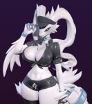 3d_(artwork) anthro big_breasts bottomwear breasts clothed clothing crop_top curvy_figure digital_media_(artwork) female generation_5_pokemon legendary_pokemon legwear mockingldplayer navel nintendo pokemon pokemon_(species) reshiram shirt shorts simple_background solo standing thick_thighs thigh_highs topwear