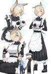  1boy 1girl absurdres alternate_costume animal_ear_fluff animal_ears apron back_bow belt black_belt black_boots black_dress black_gloves black_pantyhose black_shirt blood blue_archive blue_eyes blue_halo blue_necktie blue_shirt blue_skirt blush boots bow clenched_teeth coffee coffee_mug cup dog_ears dog_girl doodle_sensei_(blue_archive) dress extra_ears fedora fingerless_gloves gloves halo hat heart heart_hands highres holding holding_cup jacket kanna_(blue_archive) kanna_(young)_(blue_archive) lonklink looking_at_another looking_at_viewer looking_to_the_side maid maid_apron maid_headdress mug necktie nervous_smile nosebleed official_alternate_hairstyle pants pantyhose seiza sensei_(blue_archive) shaded_face sharp_teeth shirt short_hair sitting skirt smile socks sweatdrop teeth white_apron white_bow white_hat white_jacket white_pants white_socks 