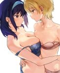  2girls ass asymmetrical_docking bangs bare_shoulders blonde_hair blue_bra blue_hair blue_panties bra breast_press breasts butt_crack eyebrows_visible_through_hair flat_chest hair_between_eyes hairband harumi_hana highres ichihara_chiaki konbu_wakame medium_breasts medium_hair multiple_girls off_shoulder panties pink_bra pink_panties purple_eyes sekai_de_ichiban_oppai_ga_suki! short_hair sidelocks simple_background strap_slip twitter_username underwear underwear_only white_background yuri 