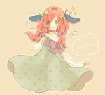  1girl animal_ears asaka_yumetsuki blue_bow bow brown_background bug butterfly collarbone commentary_request detached_wings dress eyes_visible_through_hair flower green_bow green_dress green_eyes hair_bow hair_intakes hand_up lop_rabbit low_twintails off-shoulder_dress off_shoulder open_mouth original outline pink_bow print_dress purple_bow rabbit_ears red_hair simple_background sleeveless sleeveless_dress smile solo tareme twintails white_outline wings yellow_bow 