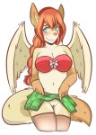  2016 anthro big_breasts big_ears blue_eyes bottomwear bra braided_hair braided_ponytail breasts canid canine clothed clothing clothing_lift female fennec flashing flashing_pussy fox fur genitals hair koimii legwear looking_at_viewer mammal navel no_underwear partially_clothed pussy red_hair ruby_zerda skirt skirt_lift smile solo stockings underwear upskirt wings 