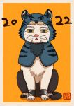 2022 alternate_species ambiguous_feral ambiguous_gender border chinese_zodiac clothed clothed_feral clothing dated domestic_cat facial_scar felid feline felis feral feralized front_view full-length_portrait furrification golden_kamuy hi_res holidays looking_at_viewer male_(lore) mammal narrowed_eyes new_year ogata_hyakunosuke on_haunches orange_background portrait scar simple_background sitting solo surgical_suture tan_border tiger_costume washikulm whiskers year_of_the_tiger yellow_eyes