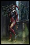 anthro batman_(series) batman_vs._teenage_mutant_ninja_turtles breasts clothed clothing dc_comics dialogue english_text eyes_closed female fur gas hair harley_quinn hi_res human_to_anthro hyaenid jcheetah jester laugh mammal mutagen open_mouth smile solo species_transformation spotted_hyena text torn_clothing transformation 