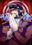  1boy adjusting_clothes adjusting_gloves artist_name beard black_hair cloud daikoku_(tokyo_houkago_summoners) facial_hair gloves hand_up hat highres long_sleeves male_focus military military_hat military_uniform multicolored_hair orange_eyes red_background seigaiha sidelocks solo sumi_wo_hakuneko tokyo_houkago_summoners two-tone_hair uniform upper_body white_gloves white_hair 