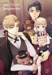  2boys 3boys black_hair black_vest blonde_hair closed_mouth dated dio_brando green_eyes highres holding holding_stuffed_toy indoors jacket jacket_on_shoulders jojo_no_kimyou_na_bouken jonathan_joestar light_particles male_focus morino_peko multiple_boys phantom_blood ponytail short_hair stuffed_animal stuffed_toy teddy_bear vento_aureo vest 