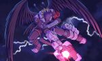  1boy absurdres beelzebumon beelzebumon_blast_mode black_jacket black_pants black_wings blonde_hair boots demon_boy digimon digimon_(creature) feathered_wings gloves gun highres jacket mask pants shenani solo third_eye weapon wings 