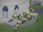  affront aircraft aircraft_humanoid asphalt big_breasts breasts building chaise_lounge clothes_line discarded_bikini eyeless female grass green_body hand_on_leg hand_on_thigh hi_res huge_breasts humanoid living_aircraft living_machine living_vehicle lying machine mouthless nipples nude on_back outside plant relaxing solo striped_body stripes su-22m3 sukhoi vehicle 