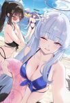  4girls ;d alternate_costume arm_up bare_arms bare_shoulders beach bikini black_bikini black_hair blue_archive blue_bikini blue_eyes blue_hair blush breasts bright_pupils cleavage closed_mouth day hair_ornament hairclip halo highres hoshino_(blue_archive) innertube large_breasts long_hair looking_at_viewer multiple_girls navel noa_(blue_archive) one_eye_closed outdoors pink_hair pink_halo pink_innertube ponytail red-tinted_eyewear red_eyes rio_(blue_archive) shigure_s sidelocks smile stomach sunglasses swim_ring swimsuit tinted_eyewear water white_pupils yuuka_(blue_archive) 