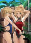 2girls armpits arms_up artoria_pendragon_(fate) ass_visible_through_thighs bare_shoulders blonde_hair blue_one-piece_swimsuit blush braid breasts closed_mouth crown_braid fate/grand_order fate/stay_night fate_(series) green_eyes halterneck highleg highleg_one-piece_swimsuit highres looking_at_viewer medium_hair mordred_(fate) mordred_(fate/apocrypha) mother_and_daughter multiple_girls official_alternate_costume one-piece_swimsuit outdoors ponytail red_one-piece_swimsuit saber_(fate) same-sex_bathing shared_bathing short_hair short_ponytail showering small_breasts swimsuit thighs tonee variant_set 