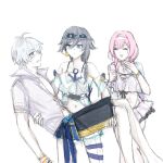  1boy 2girls ahoge bare_shoulders bikini black_shorts blue_eyes breasts carrying chinese_commentary cleavage commentary_request elysia_(honkai_impact) elysia_(miss_pink_elf)_(honkai_impact) elysia_(summer_miss_elf)_(honkai_impact) eyewear_on_head fu_hua fu_hua_(shadow_knight) grey_hair hairband hashiqi01197 highres holding holding_phone honkai_(series) honkai_impact_3rd jewelry kevin_kaslana large_breasts long_hair multiple_girls necklace official_alternate_costume phone pink_hair princess_carry shell shell_necklace shirt short_hair shorts simple_background small_breasts swimsuit white_background white_bikini white_hair white_hairband white_shirt 