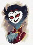  4_eyes absurd_res anthro avian beak bird clothed clothing demon feathers fluffy_chest helluva_boss hi_res male moon multi_eye owl red_eyes redraw smile solo star stolas_(vivzmind) tongue white_face yaddoriart 