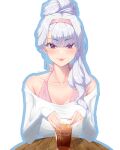  1girl absurdres alternate_costume bra earrings grey_hair hair_bun hairband highres iced_tea idolmaster jewelry pink_bra pink_hairband pink_nails purple_eyes rein_akane shijou_takane shirt silver_earrings single_earring solo table underwear white_shirt 