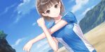 1girl beach blue_reflection_(series) blue_reflection_sun blue_shirt blue_sky blunt_ends braid breasts brown_eyes brown_hair closed_mouth cloud cross-body_stretch day dutch_angle emblem game_cg highres hoshiya_kanna kishida_mel large_breasts looking_at_viewer mountain non-web_source official_art outdoors shirt short_hair short_sleeves sky smile solo t-shirt twin_braids two-tone_shirt upper_body white_shirt 