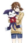  1girl ai_(digimon_tamers) artist_name bandana bandana_around_neck blue_shorts blush brown_eyes brown_hair brown_sweater digimon digimon_(creature) fang gloves green_eyes highres holding_digimon hug impmon one_eye_closed purple_fur red_bandana red_gloves short_hair short_shorts shorts simple_background slayer_dramonz sweater tail white_background 