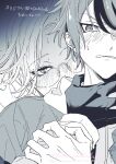  2boys aotsuki_eito blush close-up glasses gloves greyscale hand_on_another&#039;s_arm hand_on_another&#039;s_neck hikarudaihuku hood hoodie jacket jacket_over_hoodie looking_at_viewer male_focus monochrome multicolored_hair multiple_boys nose_blush protected_link redrawn short_hair split_crop streaked_hair sumino_takumi sweat the_hundred_line_-last_defense_academy- twitter_username watermark 